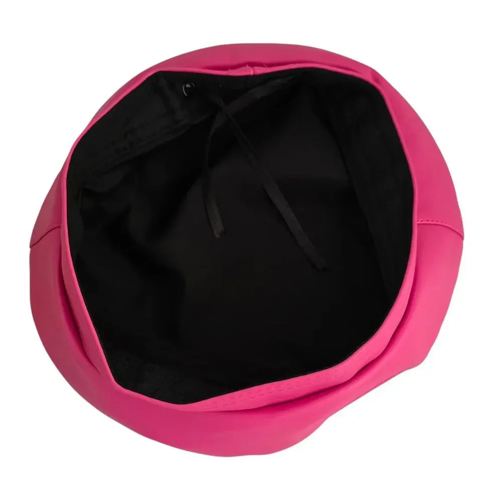 NEW Faux Leather Beret Hat Womens Hot Pink Detachable Crystal Brooch Pin 56-58cm